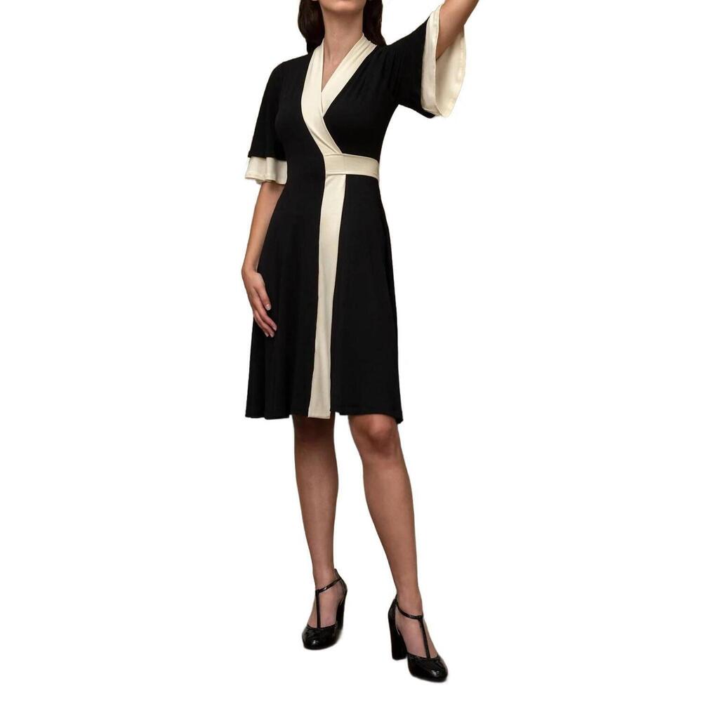 NEW DEVINTO gabija colorblock wrap dress in black and ivory